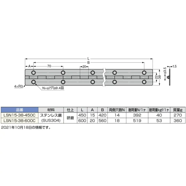 LAMP(Sugatsune) Stainless SteelLong Hinge > LSN15-38-450C - Image 3